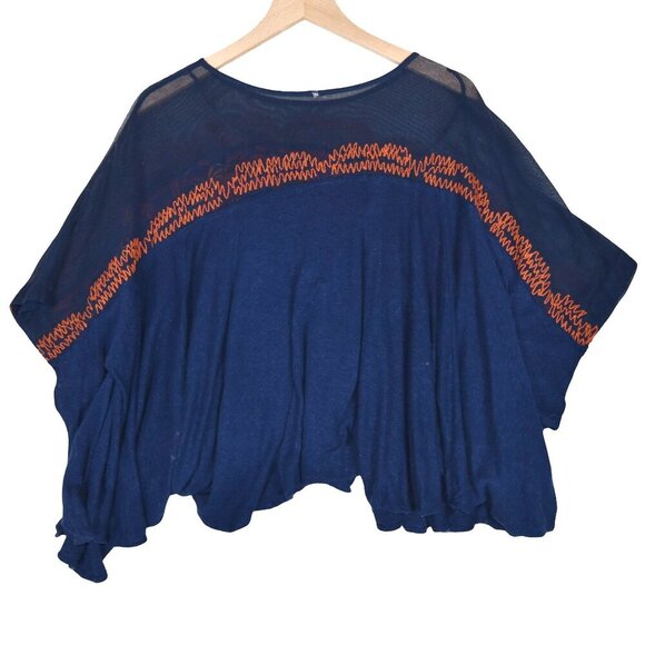 Free People Navy Embroidered Poncho Top XS Boho Boxy Festival Gauze Blouse - Picture 3 of 9